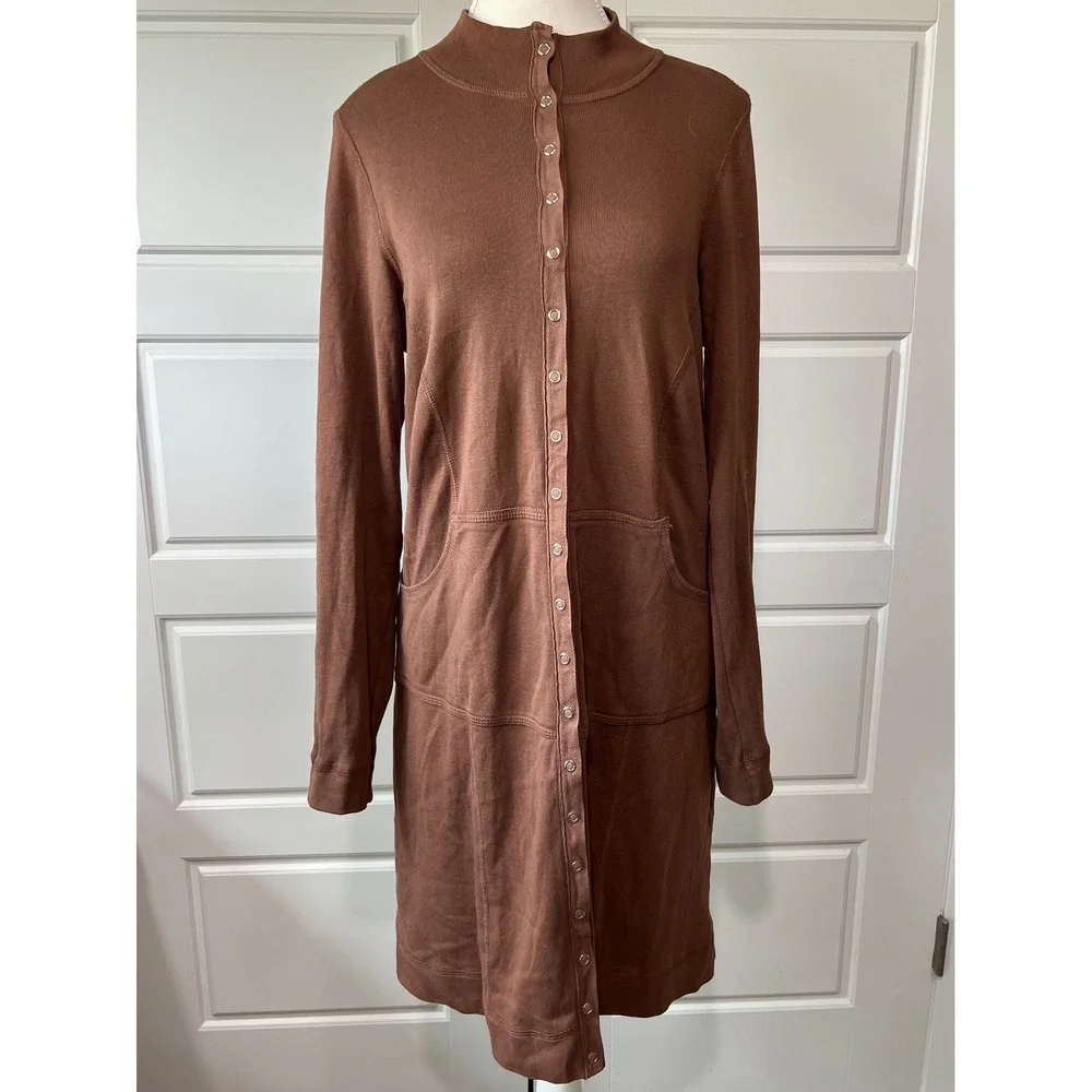 Barbara Lesser Snap Front Duster Cardigan Pockets Knit Brown‎ Small